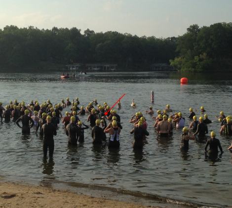I managed to wave at JMR before starting the swim (the person under the red arrow)