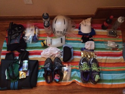 My usual pre-packing photo of everything laid out swim, bike, run and special needs, so I can refer to it every time I freak out thinking I forgot to pack something.